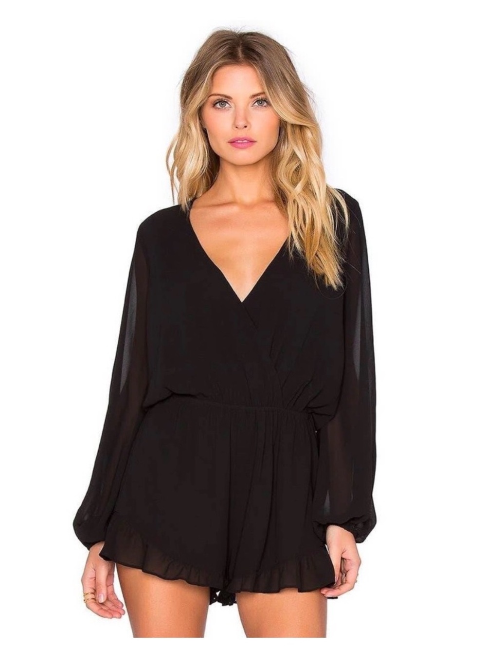 Show me your Mumu- Black Long-Sleeve V-Neck silk Romper